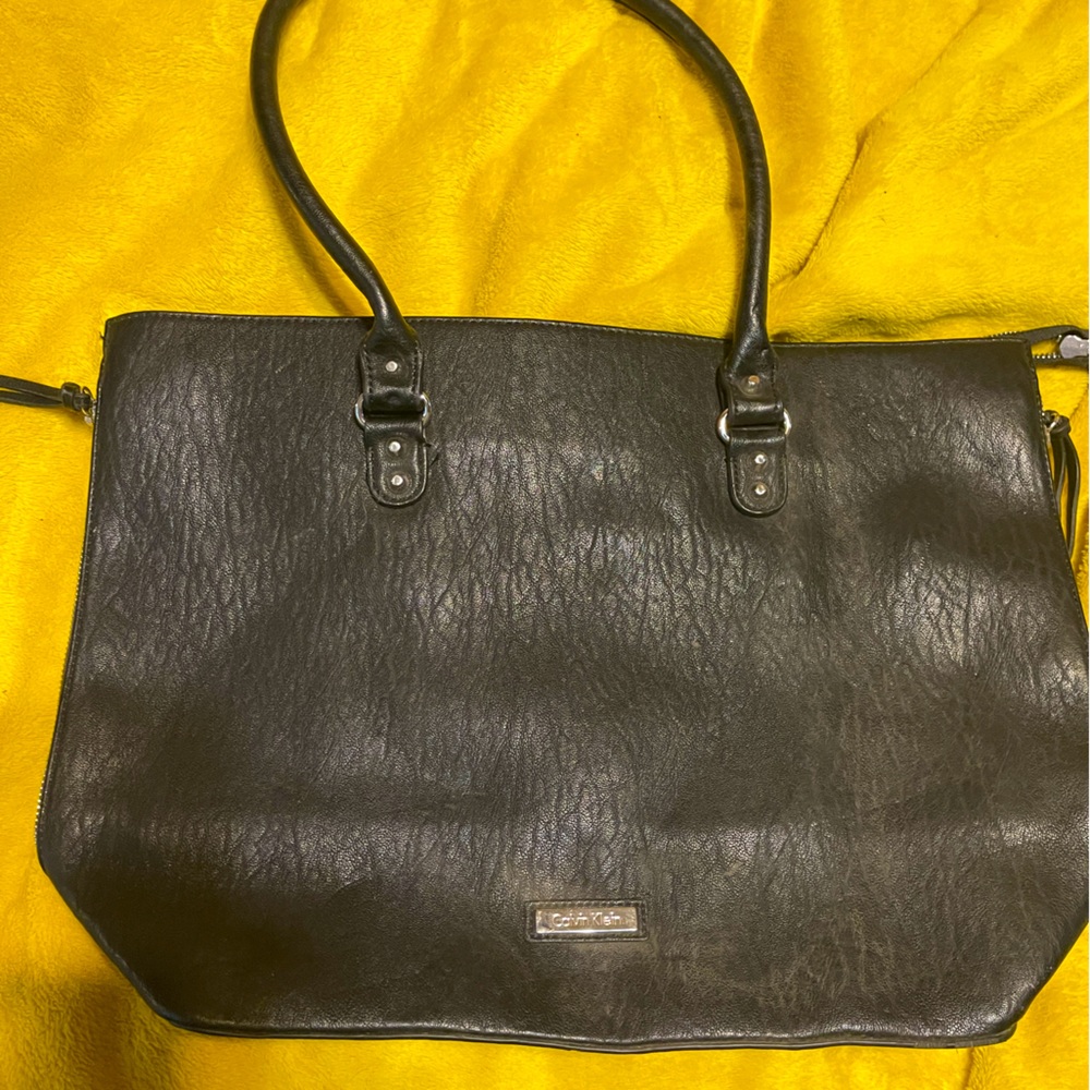 Calvin Klein large black faux leather tote bag.  EUC.